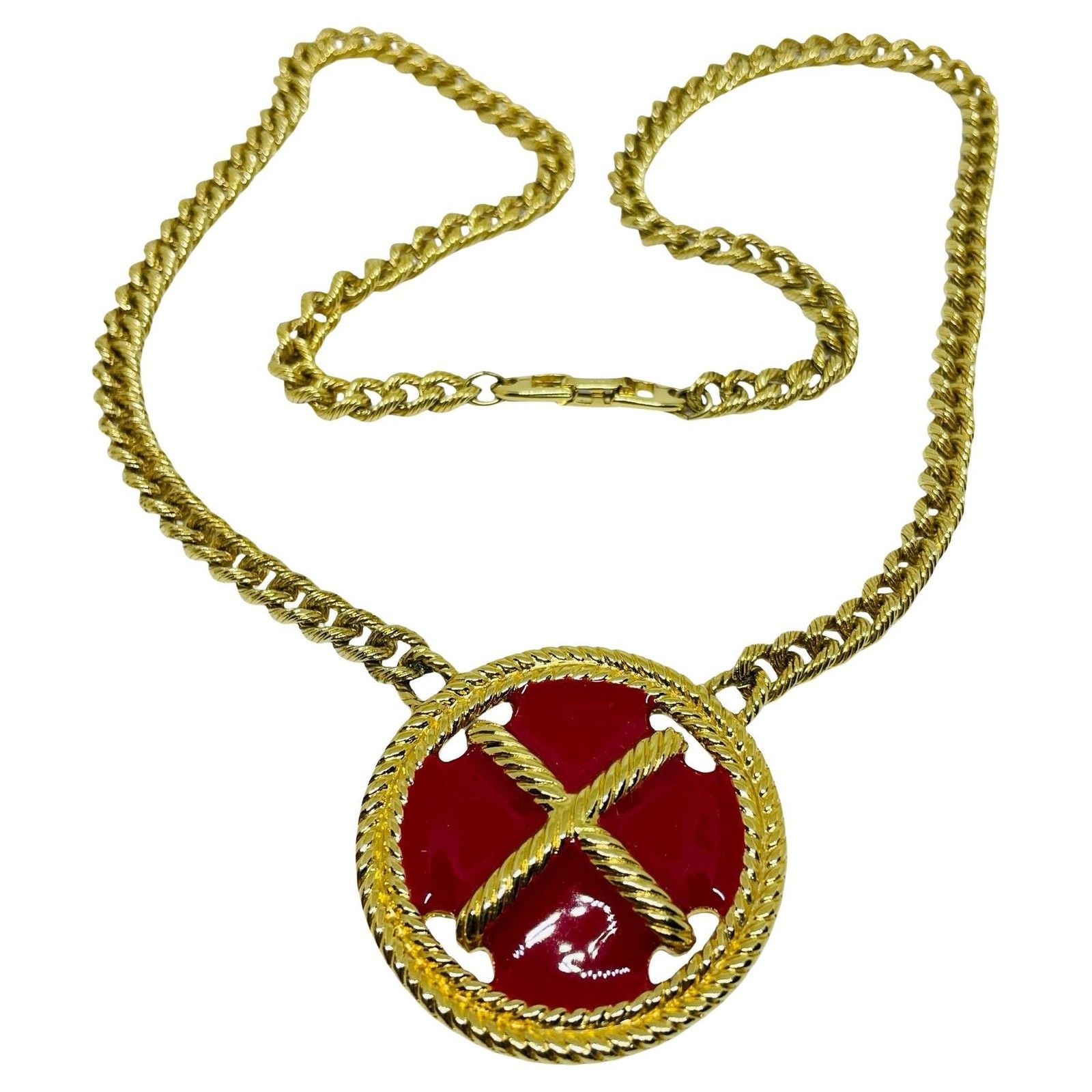 Napier Signed Vintage Gold Tone Red Enamel Designer Chain Necklace